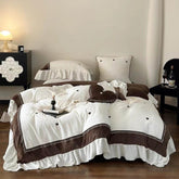 Velvet Heart Embroidery Ruffle Bedding Set - Cream White